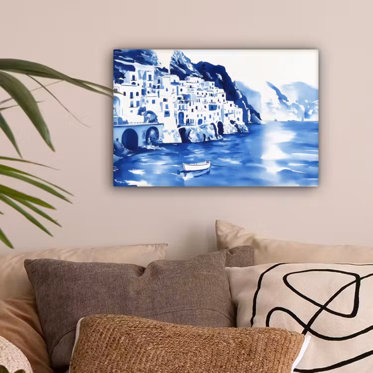 Dorp - Rotswand - Roeiboot - Water canvas 2cm klein -sfeer1
