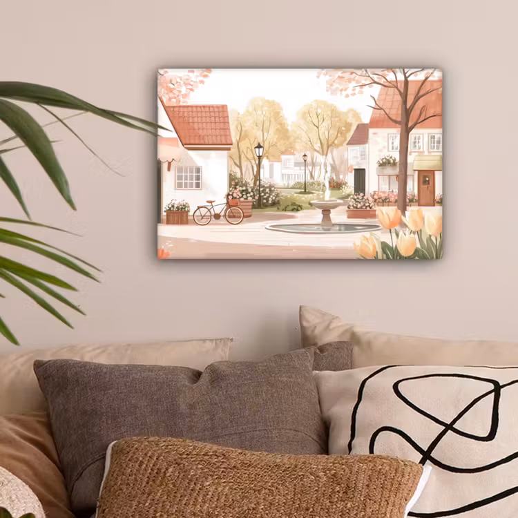 Dorpsplein - Fontein - Tulpen canvas 2cm klein -sfeer1