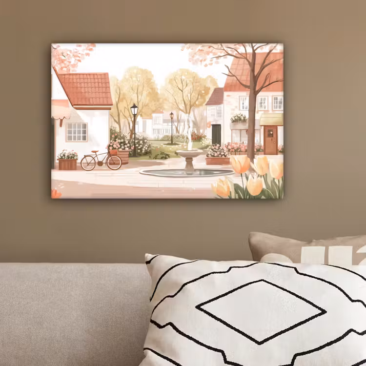 Dorpsplein - Fontein - Tulpen canvas 2cm klein -sfeer3