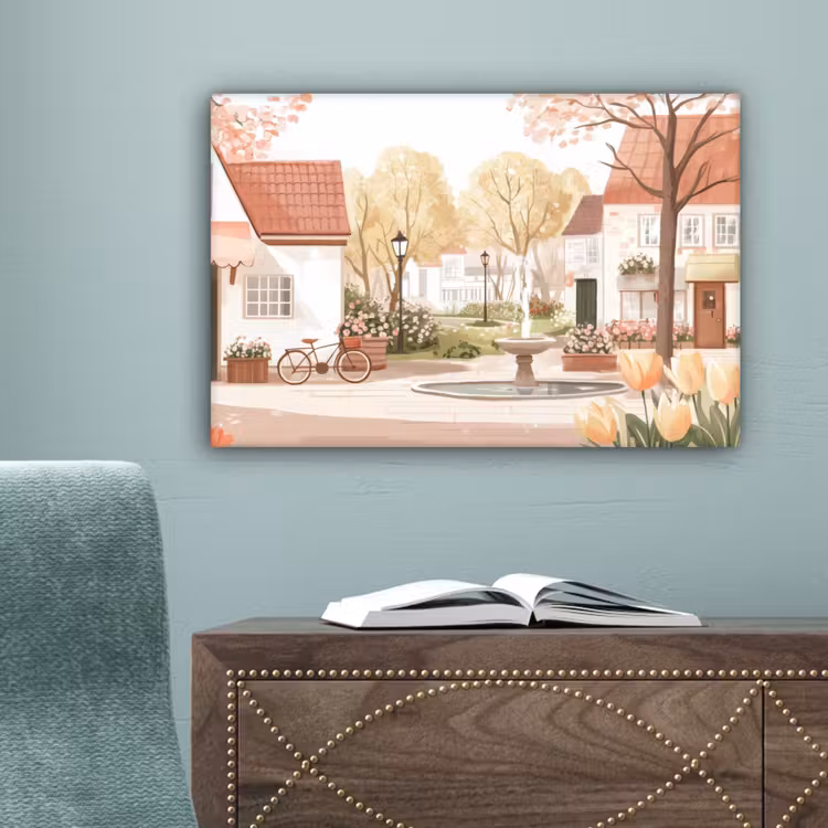 Dorpsplein - Fontein - Tulpen canvas 2cm klein -sfeer4