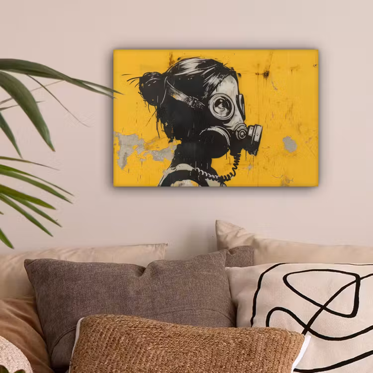 Vintage - Street art - Meisje - Masker - Geel - Banksy canvas 2cm klein -sfeer1