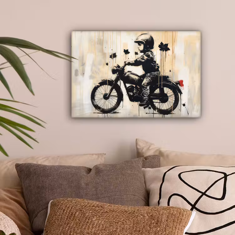 Vintage - Street art - Motor - Jongen - Graffiti - Zwart - Banksy canvas 2cm klein -sfeer1