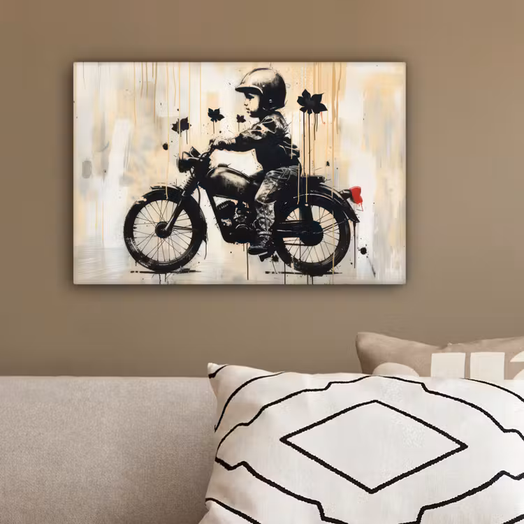 Vintage - Street art - Motor - Jongen - Graffiti - Zwart - Banksy canvas 2cm klein -sfeer3