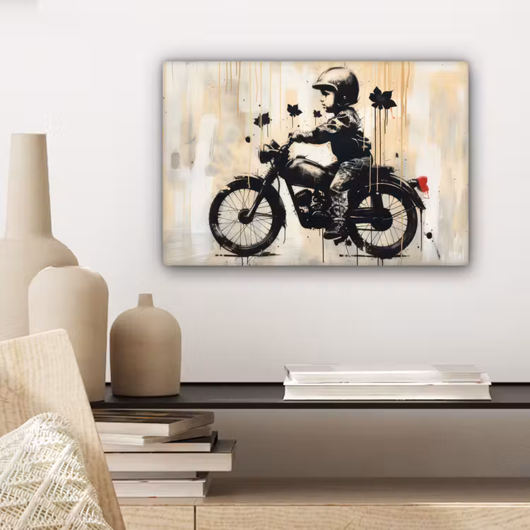 Vintage - Street art - Motor - Jongen - Graffiti - Zwart - Banksy canvas 2cm klein -sfeer6