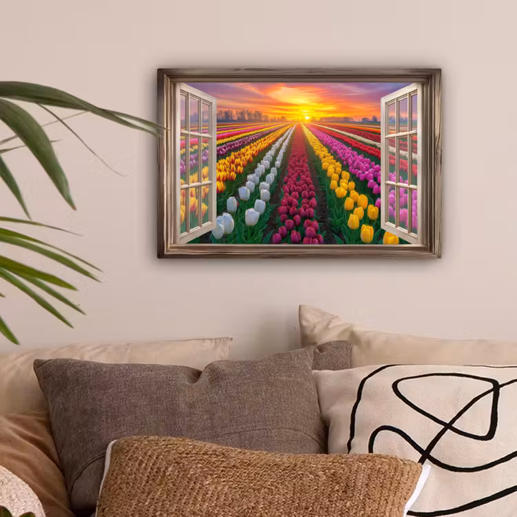 Doorkijk - Bloemen - Tulpen - Kleurrijk - Zonsondergang canvas 2cm klein -sfeer1