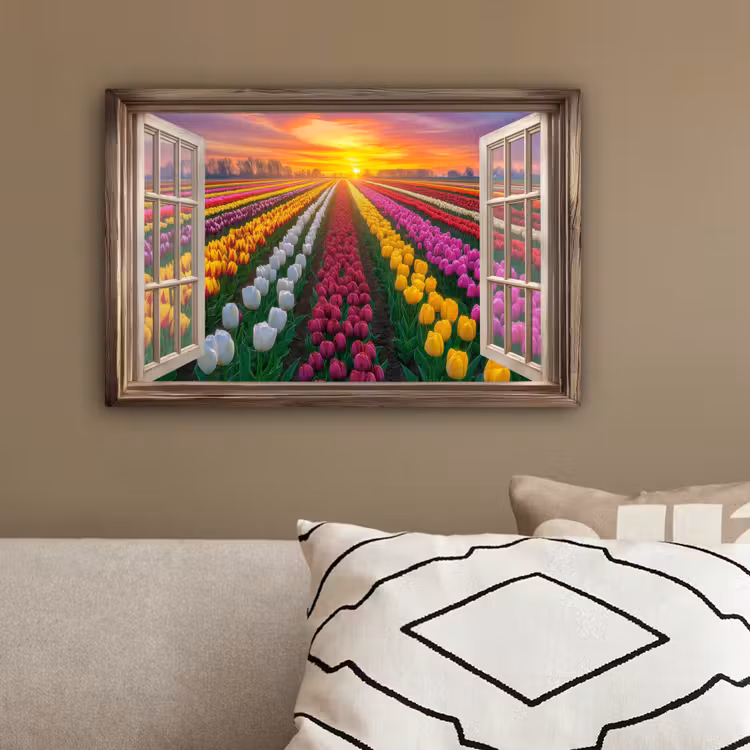 Doorkijk - Bloemen - Tulpen - Kleurrijk - Zonsondergang canvas 2cm klein -sfeer3