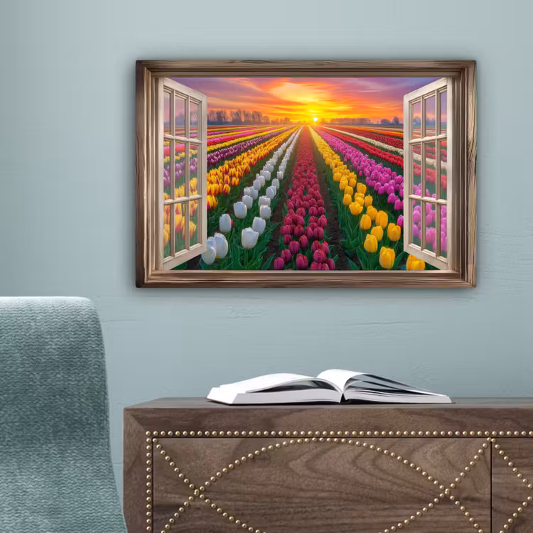 Doorkijk - Bloemen - Tulpen - Kleurrijk - Zonsondergang canvas 2cm klein -sfeer4
