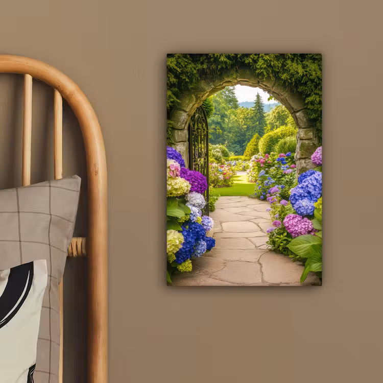 Doorkijk - Poort - Hortensia - Bloementuin canvas 2cm klein -sfeer3