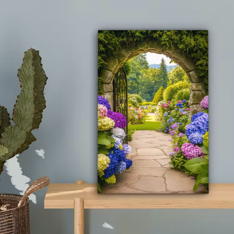 Doorkijk - Poort - Hortensia - Bloementuin canvas 2cm klein -sfeer4