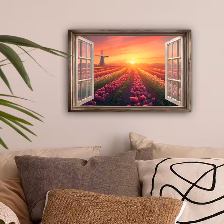 Doorkijk - Tulpen - Zonsondergang - Bloemen - Kleurrijk canvas 2cm klein -sfeer1