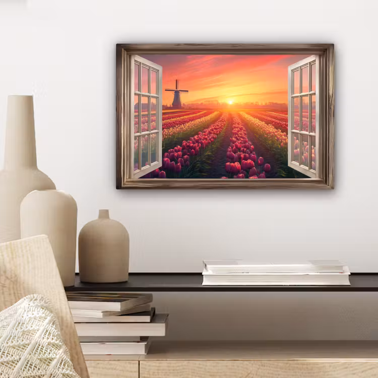 Doorkijk - Tulpen - Zonsondergang - Bloemen - Kleurrijk canvas 2cm klein -sfeer6