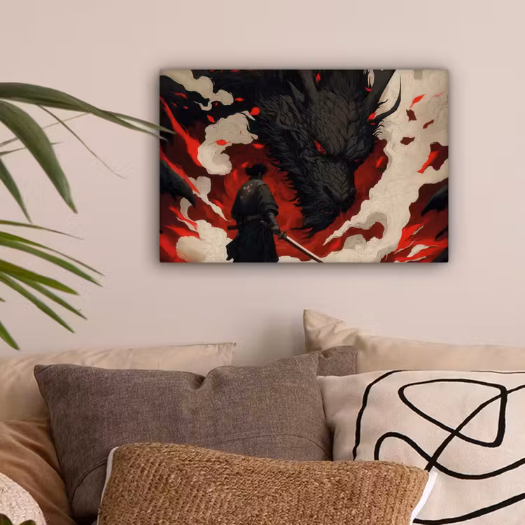 Krijger - Draak - Zwart - Rood - Rook canvas 2cm klein -sfeer1