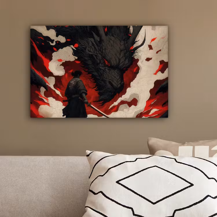 Krijger - Draak - Zwart - Rood - Rook canvas 2cm klein -sfeer3