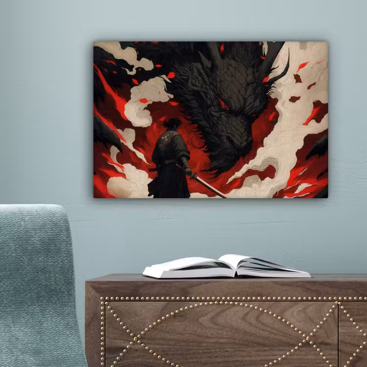 Krijger - Draak - Zwart - Rood - Rook canvas 2cm klein -sfeer4