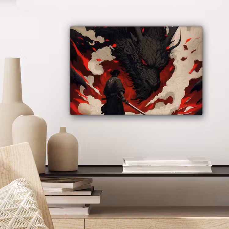 Krijger - Draak - Zwart - Rood - Rook canvas 2cm klein -sfeer6