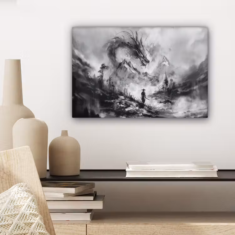 Krijger - Draak - Grijs canvas 2cm klein -sfeer6
