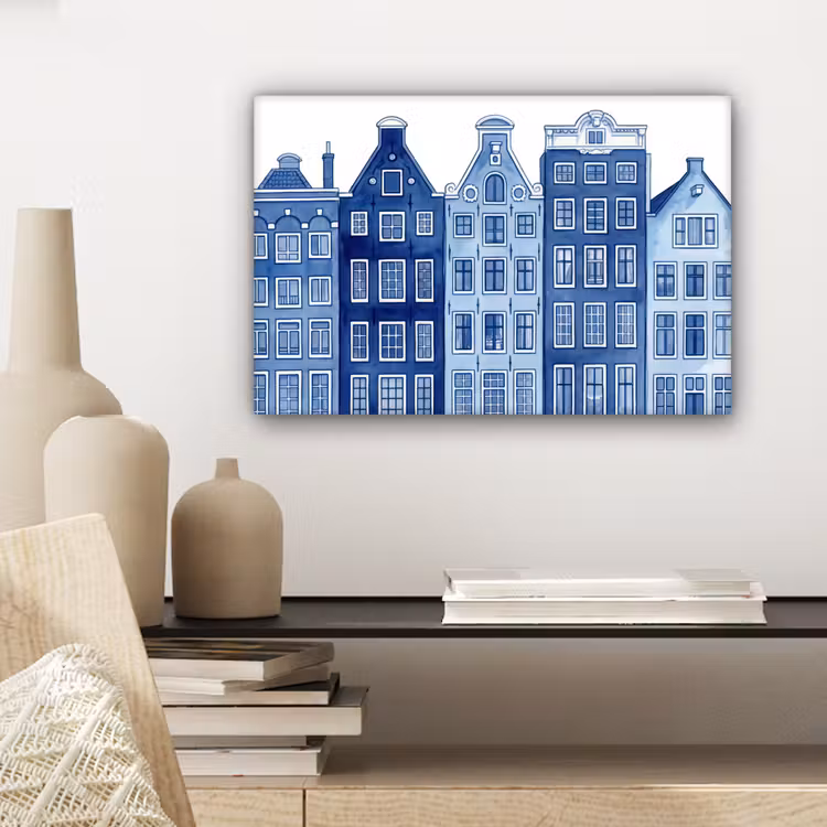 Aquarel - Grachtenpanden - Delfts - Blauw canvas 2cm klein -sfeer6