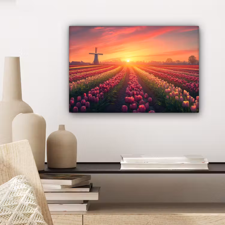 Windmolen - Zonsondergang - Landschap canvas 2cm klein -sfeer6