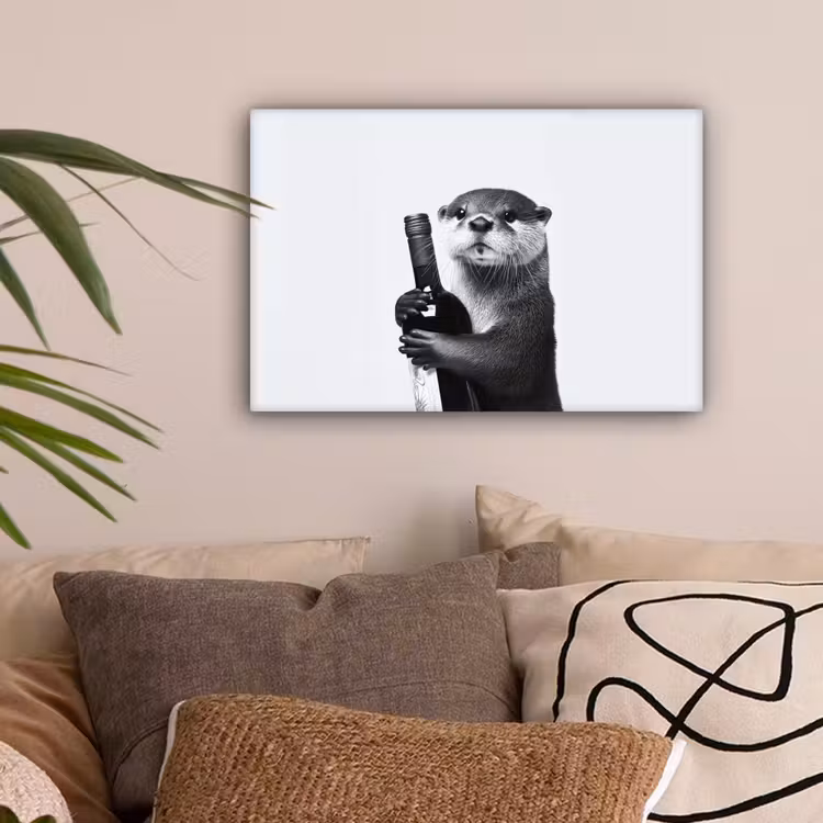 Wijnfles - Otter - Zwart canvas 2cm klein -sfeer1