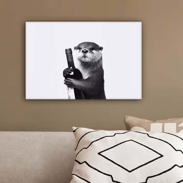 Wijnfles - Otter - Zwart canvas 2cm klein -sfeer3