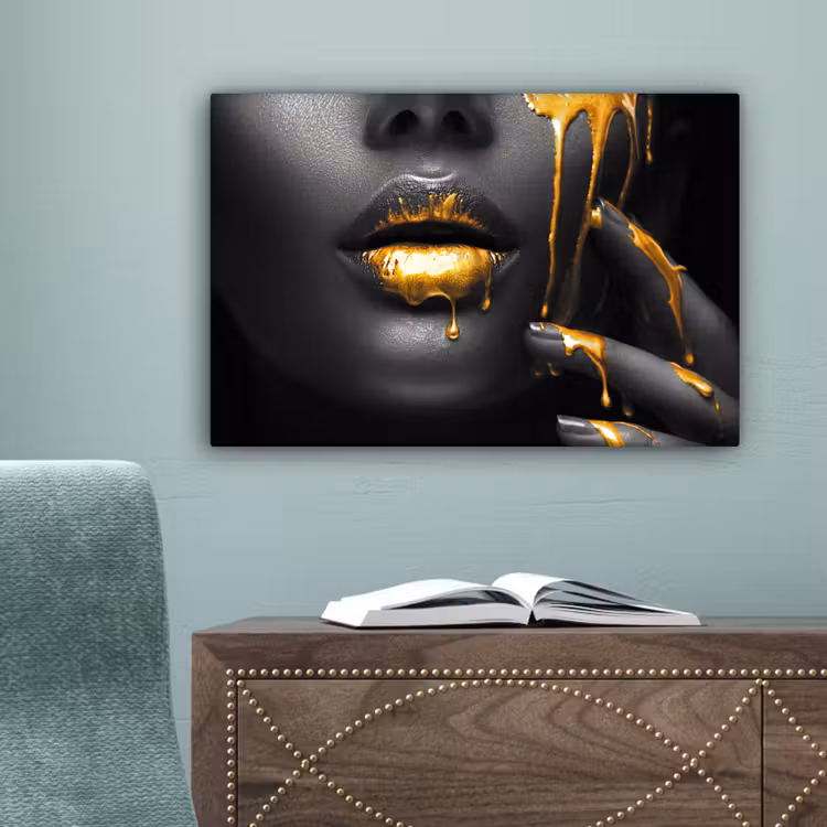 Vrouw - Zwart - Goud - Gezicht - Lippen canvas 2cm klein -sfeer4