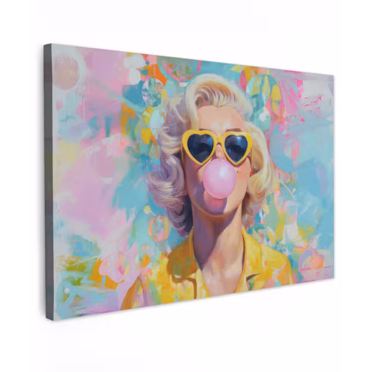 Vrouw - Blond - Roze kauwgom - Kleurrijk - Pastel canvas 2cm klein -z3d