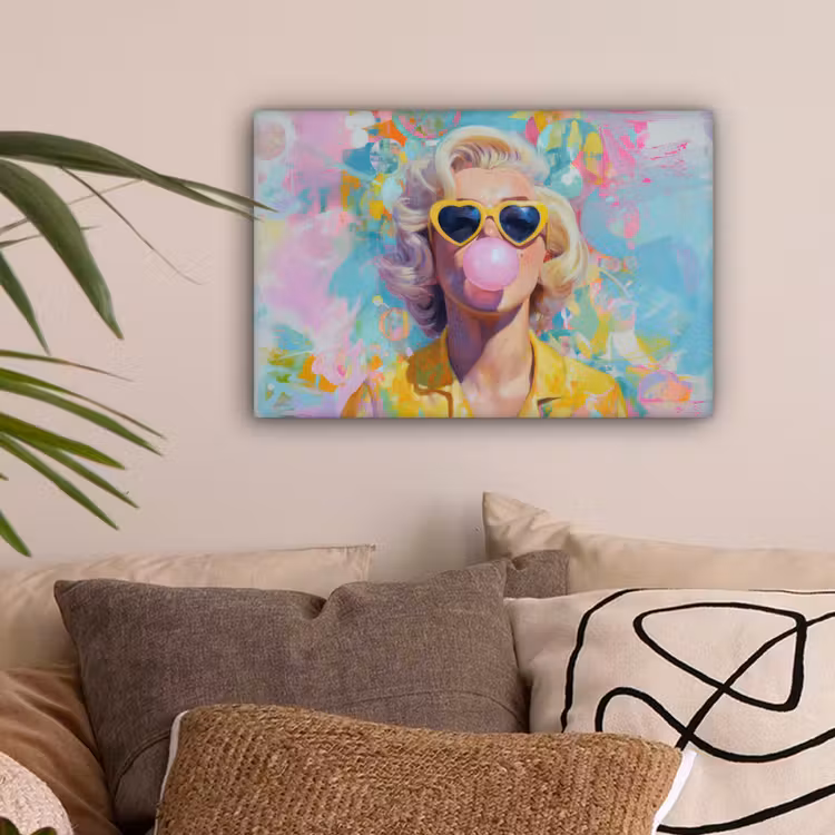 Vrouw - Blond - Roze kauwgom - Kleurrijk - Pastel canvas 2cm klein -sfeer1