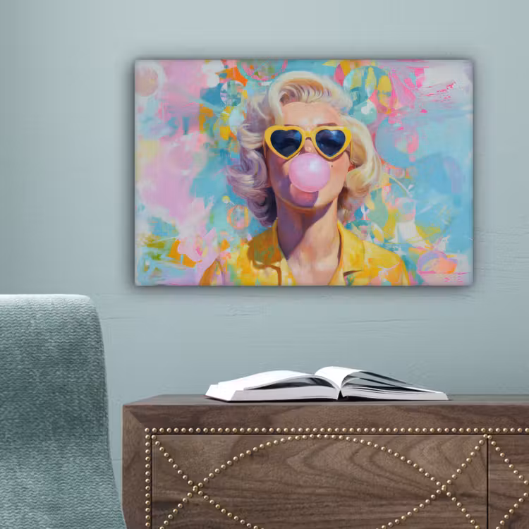 Vrouw - Blond - Roze kauwgom - Kleurrijk - Pastel canvas 2cm klein -sfeer4