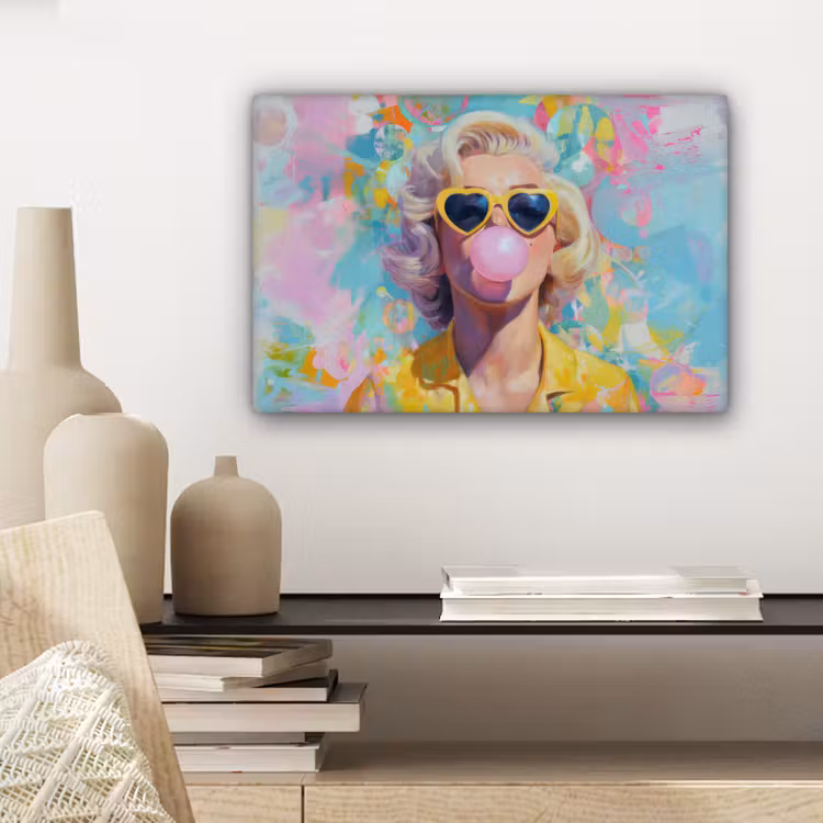 Vrouw - Blond - Roze kauwgom - Kleurrijk - Pastel canvas 2cm klein -sfeer6