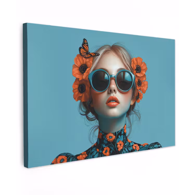 Vrouw - Blauw - Vlinder - Bloemen - Aesthetic canvas 2cm klein -z3d