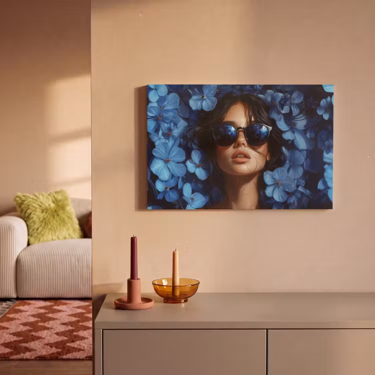 Vrouw - Blauw - Bloemen - Vlinders - Natuur canvas 2cm klein -sfeer1