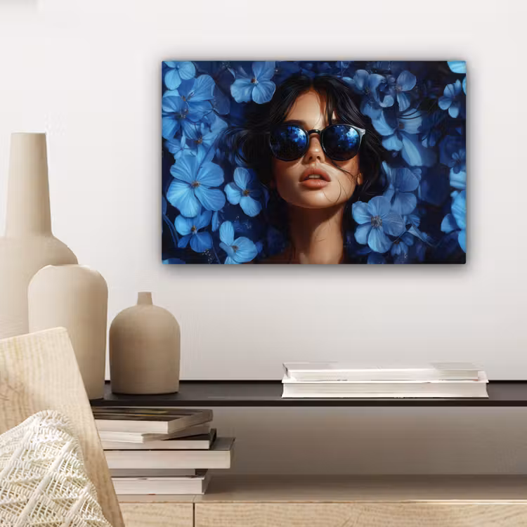 Vrouw - Blauw - Bloemen - Vlinders - Natuur canvas 2cm klein -sfeer6