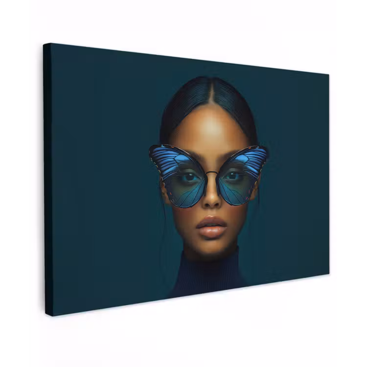 Vrouw - Vlinder - Bril - Blauw - Modern - Portret canvas 2cm klein -z3d