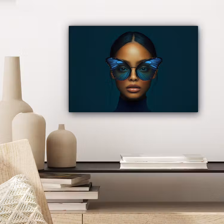 Vrouw - Vlinder - Bril - Blauw - Modern - Portret canvas 2cm klein -sfeer6