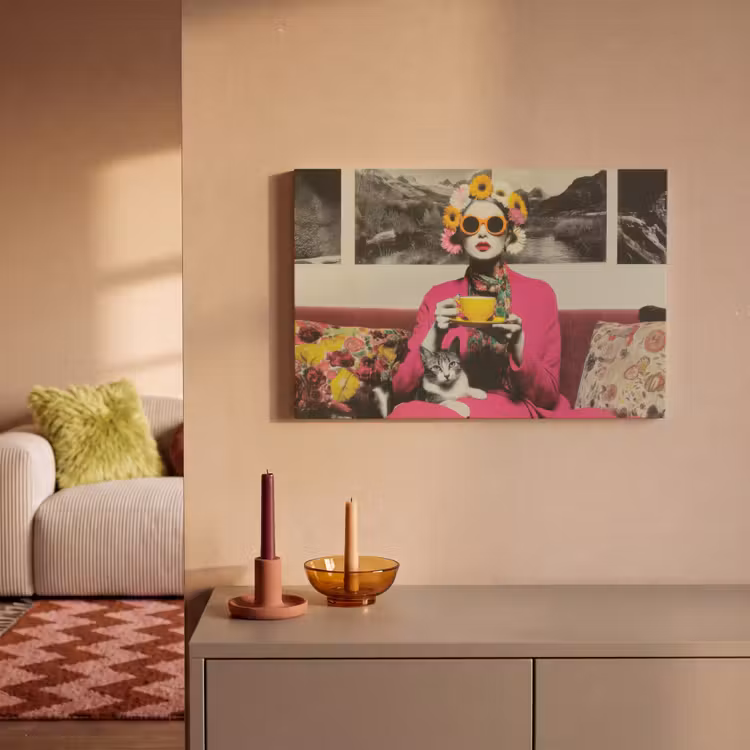 Vrouw - Kat - Bloemen - Kopje - Retro canvas 2cm klein -sfeer1