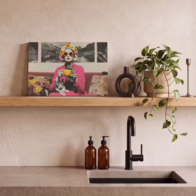Vrouw - Kat - Bloemen - Kopje - Retro canvas 2cm klein -sfeer3