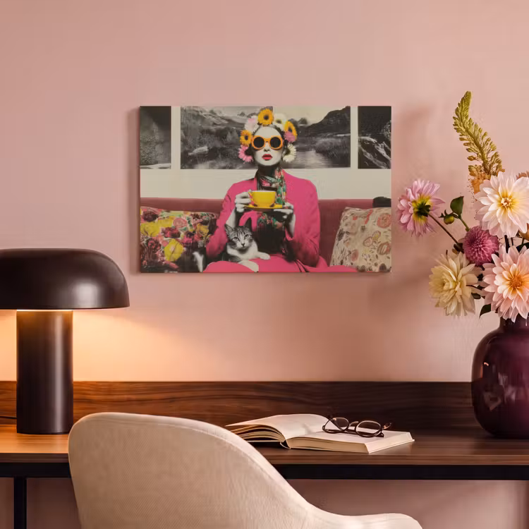 Vrouw - Kat - Bloemen - Kopje - Retro canvas 2cm klein -sfeer4