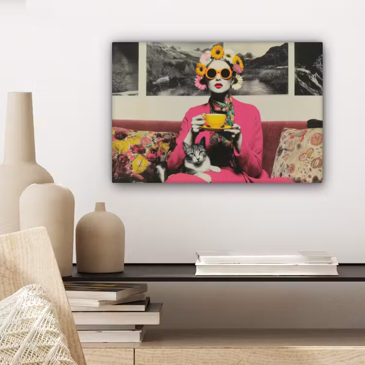 Vrouw - Kat - Bloemen - Kopje - Retro canvas 2cm klein -sfeer6