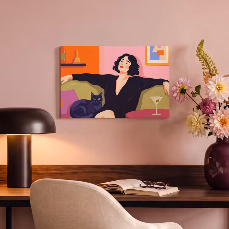 Vrouw - Kat - Interieur - Modern - Kleurrijk canvas 2cm klein -sfeer4