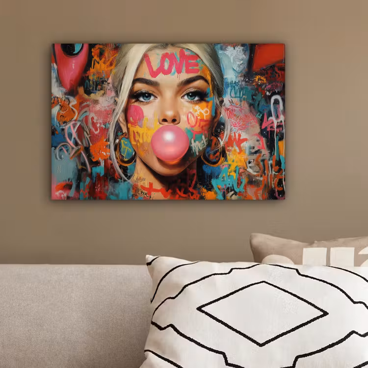 Vrouw - Kauwgom - Graffiti - Love canvas 2cm klein -sfeer3