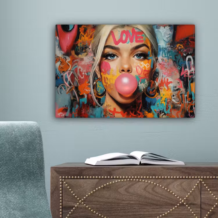Vrouw - Kauwgom - Graffiti - Love canvas 2cm klein -sfeer4