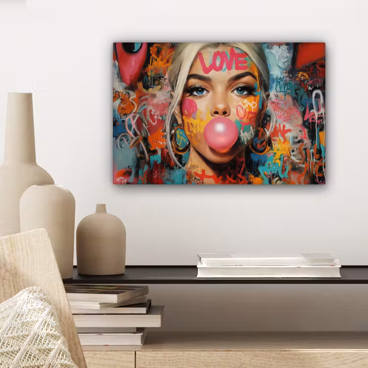 Vrouw - Kauwgom - Graffiti - Love canvas 2cm klein -sfeer6