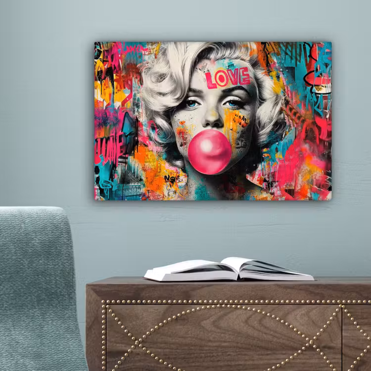 Vrouw - Kauwgom - Graffiti - Neonkleuren canvas 2cm klein -sfeer4