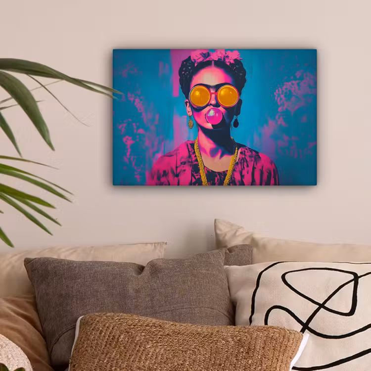 Vrouw - Kauwgom - Zonnebril - Oranje canvas 2cm klein -sfeer1