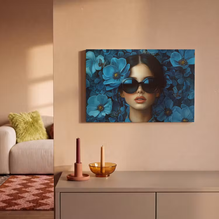Vrouw - Bloemen - Blauw - Aesthetic - Luxe canvas 2cm klein -sfeer1
