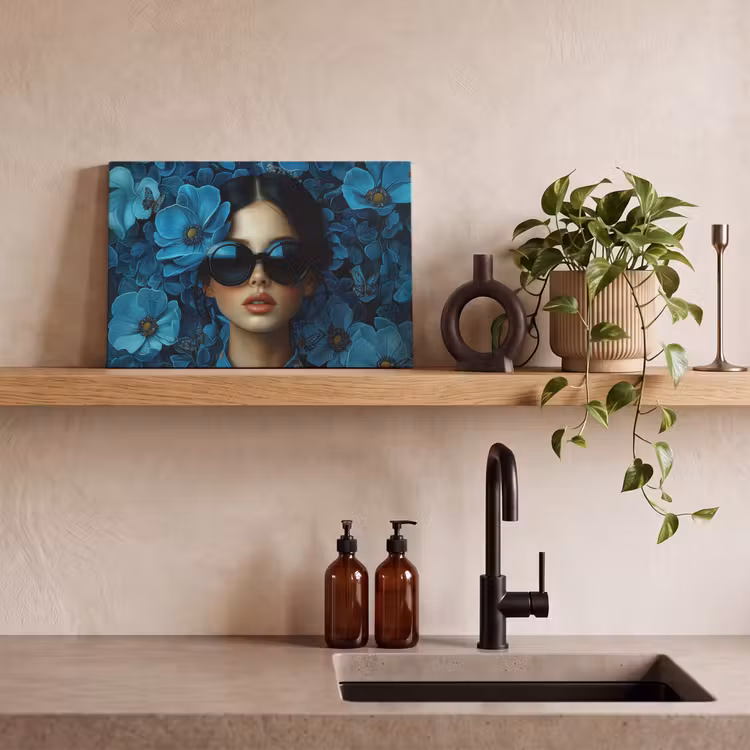 Vrouw - Bloemen - Blauw - Aesthetic - Luxe canvas 2cm klein -sfeer3