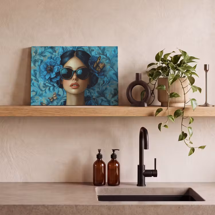 Vrouw - Bloemen - Vlinders - Blauw - Abstract canvas 2cm klein -sfeer3