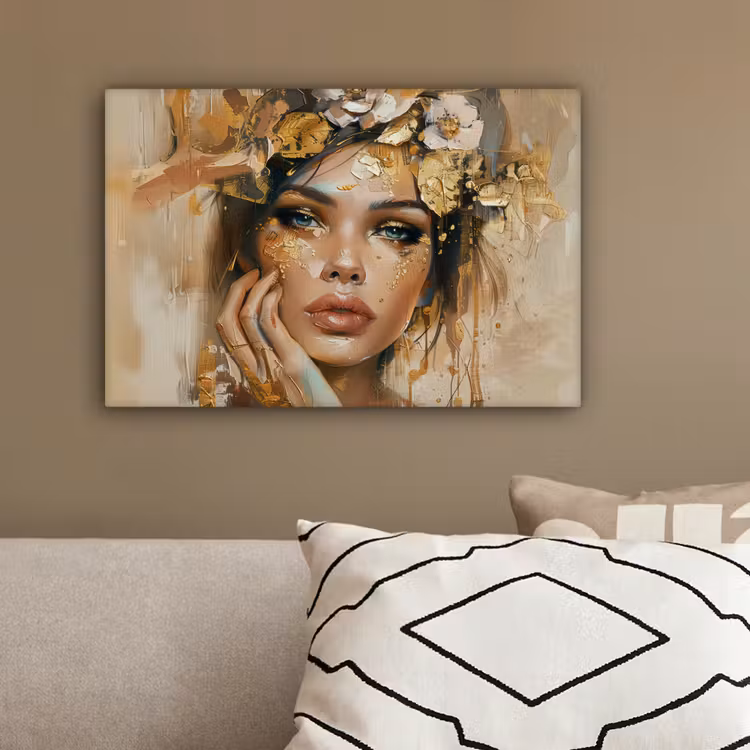 Vrouw - Bloemen  - Goud - Portret canvas 2cm klein -sfeer3