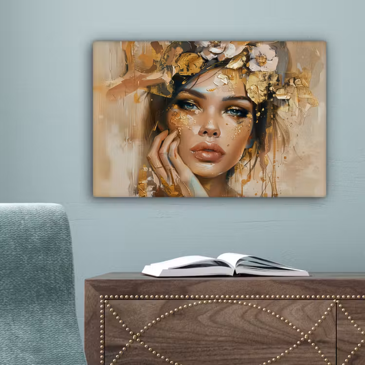 Vrouw - Bloemen  - Goud - Portret canvas 2cm klein -sfeer4