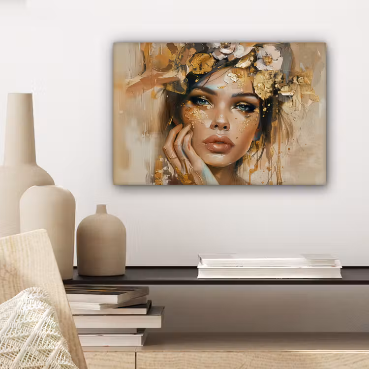 Vrouw - Bloemen  - Goud - Portret canvas 2cm klein -sfeer6